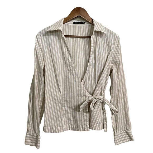The Limited Womens Cream Y2K Striped Metallic Long Sleeve Wrap Blouse Medium - Picture 1 of 7